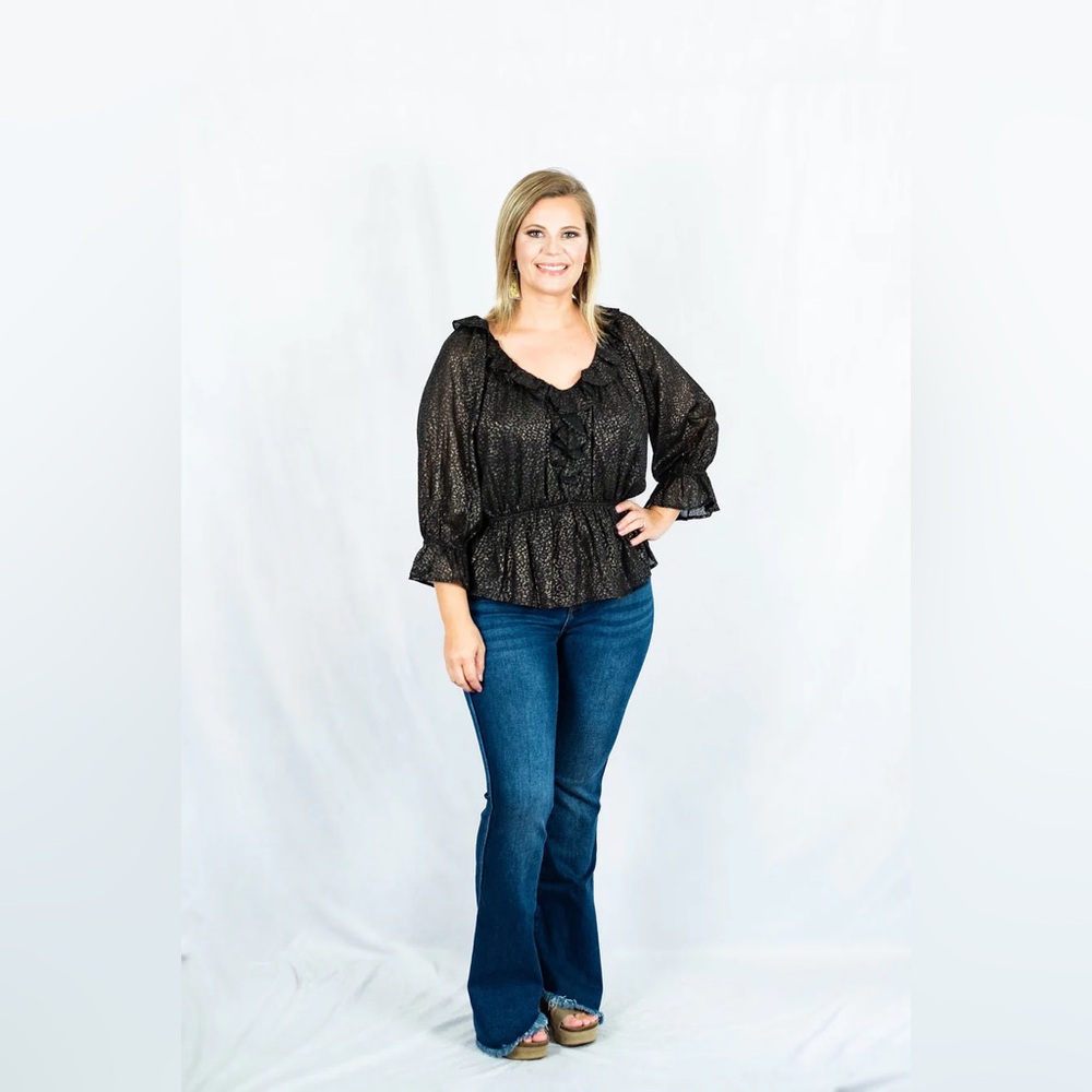 ENTRO Shimmer Leopard Print V-Neck Peplum Top Green Gold Artsy Quirky Size S NWT - Picture 4 of 12